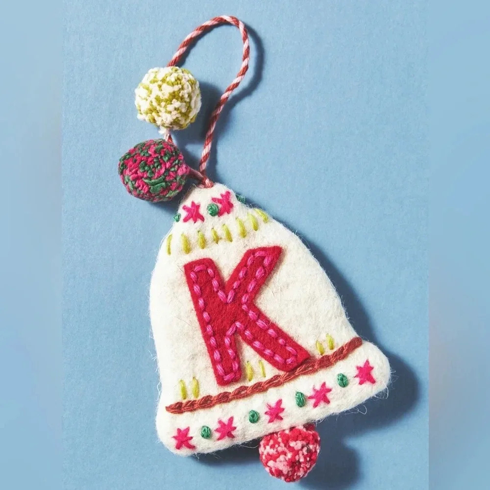Anthropologie K wool Snow Day Monogram Ornament gift christmas holiday pompom